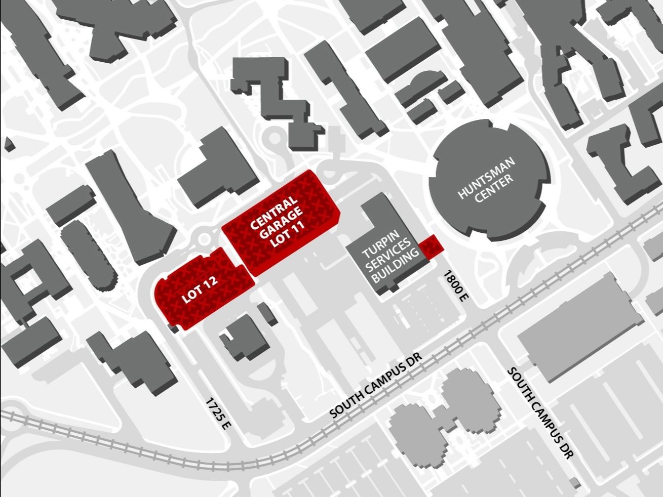 Campus map showing nearby parking near the Turpin Services Building: Central Garage (Lot 11) and Lot 12 highlighted in red, off South Campus Drive between 1725 E and 1800 E.